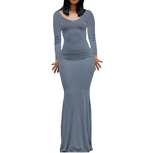 Felcia Damen Bodycon Langes Kleid Casual Rundhals Langarm Eng Ausgehen Maxikleid Cocktail Party Club Kleid, B-Blau, X-Small von Felcia