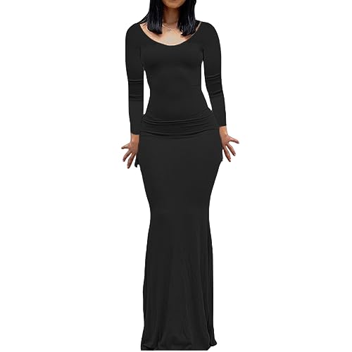 Felcia Damen Bodycon Langes Kleid Casual Rundhals Langarm Eng Ausgehen Maxikleid Cocktail Party Club Kleid, B-schwarz, XX-Large von Felcia