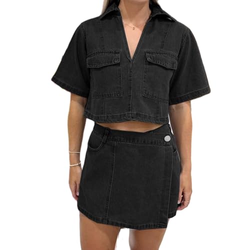 Felcia Damen Denim Outfits Sets Kurzarm Revers V Ausschnitt Crop Jeans Tops und Asymmetrische Skorts Set Zweiteilige Jeans Sets mit Taschen, A-schwarz, S Felcia Damen Denim Outfits Sets Kurzarm Revers V Ausschnitt Crop Jeans Tops und Asymmetrische Skorts Set Zweiteilige Jeans Sets mit Taschen, A-schwarz, S von Felcia