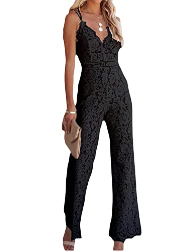 Felcia Damen-Jumpsuit mit Spaghettiträgern, V-Ausschnitt, Spitze, offener Rücken, breites Bein, lange Hose, Schwarz , XL von Felcia