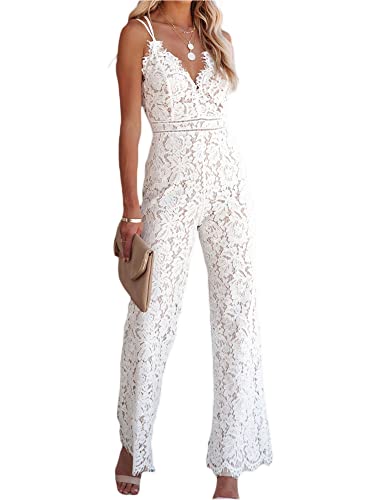 Felcia Damen-Jumpsuit mit Spaghettiträgern, V-Ausschnitt, Spitze, offener Rücken, breites Bein, lange Hose, weiß, XL von Felcia