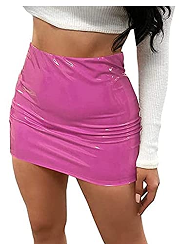 Felcia Damen Neon Reißverschluss hinten Leder Bodycon Mini Röcke Sexy Pailletten Liquid Metallic Wetlook Latex Rock, A-Pink, 44 von Felcia