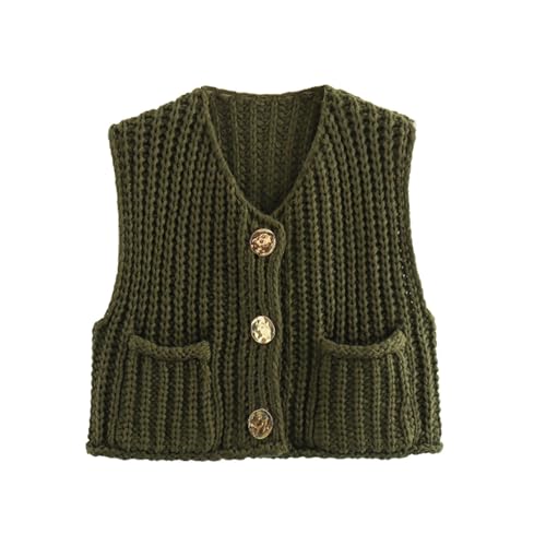 Felcia Damen-Pullover, ärmellos, V-Ausschnitt, Knopfleiste, Strickweste, lässiger Cropped-Pullover, Tank-Tops mit Taschen, Y2k Streetwear, A-army Grün, S Felcia Damen-Pullover, ärmellos, V-Ausschnitt, Knopfleiste, Strickweste, lässiger Cropped-Pullover, Tank-Tops mit Taschen, Y2k Streetwear, A-army Grün, S von Felcia