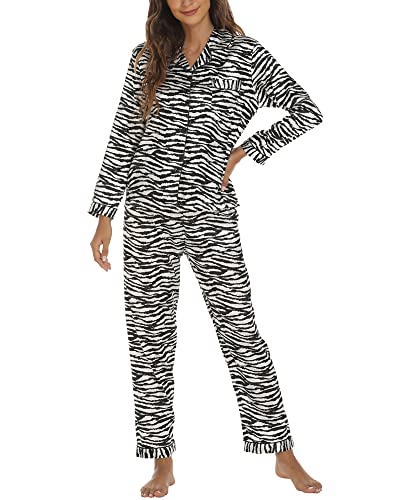 Felcia Damen-Schlafanzug-Set aus Satin, langärmelig, Knopfleiste, Hemd und lässige, lockere, elastische Hose, Nachtwäsche, Loungewear, 2 Stück, A-Zebra-Streifen, 38 von Felcia