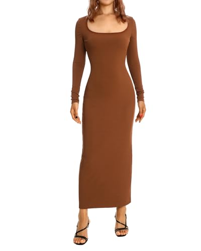 Felcia Damen Sexy Bodycon Maxikleid Langarm Quadratischer Ausschnitt Kleid Herbst Trendige Kleider für Cocktail Club Party, X-Karamell, Small von Felcia