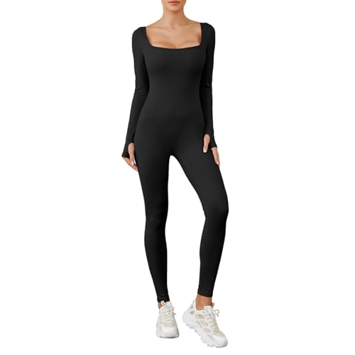 Felcia Damen Sexy Gerippte Yoga Jumpsuits Quadratischer Ausschnitt Langarm Einteiler Strampler Schwarz Bodycon Workout Sport Jumpsuit, A-schwarz, 36 von Felcia