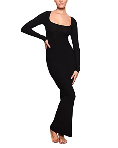 Felcia Damen Sexy figurbetontes Kleid Langarm Einfarbig Quadratischer Ausschnitt Kleid für Cocktail Club Party, Schwarz , Small von Felcia