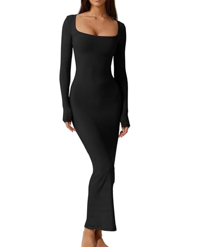 Felcia Damen Skims Dupe Kleid Quadratischer Ausschnitt Bodycon Lounge Kleid Gerippt Langarm Maxikleid, A-schwarz, Medium von Felcia