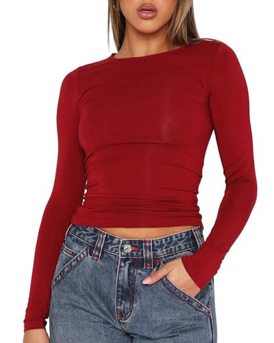 Felcia Damen Skims Dupe T-Shirt Fitted Crop Tops Einfarbig Kurzarm Cropped Baby Tees Sommer Streetwear Y2K Tops, D-rot, M von Felcia