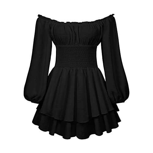 Felcia Damen Sommer Minikleid Eingebaute Shorts Chiffon Kleid Spitze Puffer Ärmel Langarm Elastische Taille 2023 Freizeitkleid (Schwarz, S) von Felcia