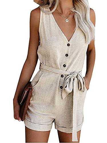 Felcia Damen Sommer Strampler V-Ausschnitt Ärmellos Knopfleiste Leinen Tank Romper Kurz Hose Jumpsuit Gr. Medium, A-Beige von Felcia