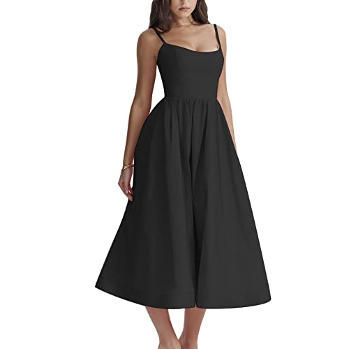 Felcia Damen Spaghettiträger, Midi-Kleider, figurbetont, ärmellos, Bustier, Cami-Kleid, Sommer, A-Linie, Party, Cocktail, Strandkleid, G-black, Medium von Felcia