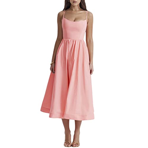 Felcia Damen Spaghettiträger, Midi-Kleider, figurbetont, ärmellos, Bustier, Cami-Kleid, Sommer, A-Linie, Party, Cocktail, Strandkleid, G-pink, L von Felcia