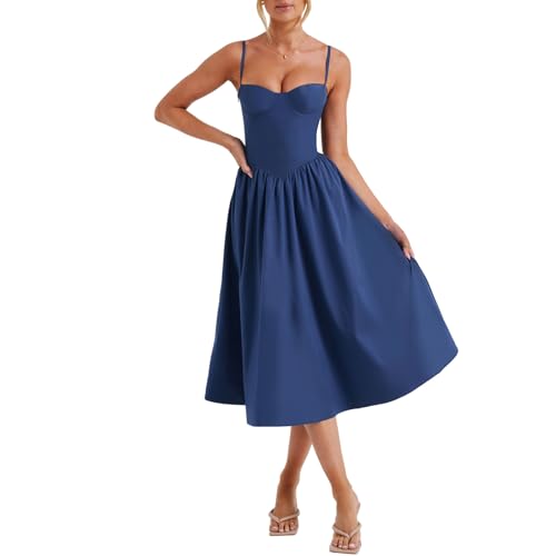 Felcia Damen Spaghettiträger Midi-Kleid, figurbetont, ärmellos, Bustier, Cami-Kleid, Sommer, A-Linie, Party, Cocktail, Strandkleid, L-blau, Small von Felcia