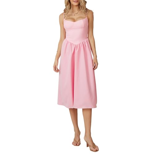 Felcia Damen Spaghettiträger Midi-Kleid, figurbetont, ärmellos, Bustier, Cami-Kleid, Sommer, A-Linie, Party, Cocktail, Strandkleid, L-pink, Medium von Felcia