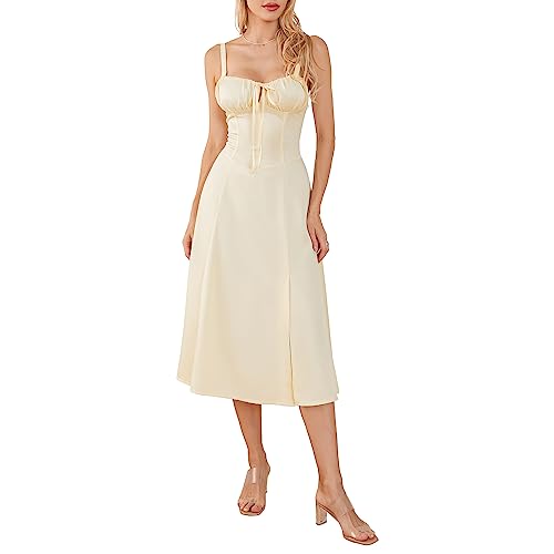 Felcia Damen Spaghettiträger, Midi-Kleider, figurbetont, ärmellos, Bustier, Cami-Kleid, Sommer, A-Linie, Party, Cocktail, Strandkleid, A-gelb, Medium von Felcia