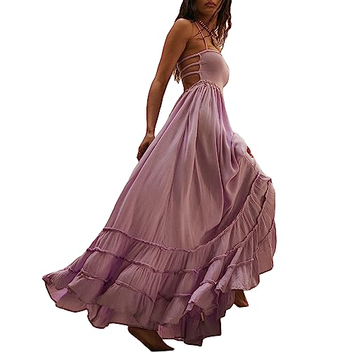 Felcia Damen Spaghettiträger Neckholder Langes Kleid Rüschen Plissee Saum Rückenfrei Bodycon Maxikleid Strand Party A Linie Kleid, A-lila Rosa, L von Felcia