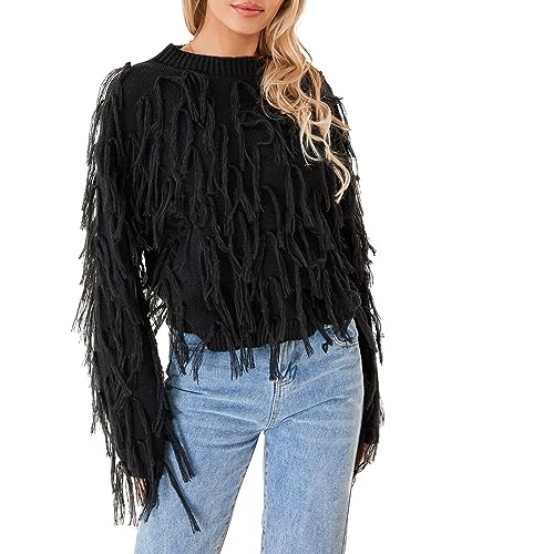 Felcia Damen Strickpullover Casual Rundhals Langarm Quaste Pullover Jumper Tops Y2K Streetwear, A-schwarz, L von Felcia