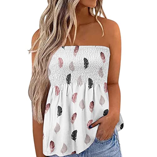 Felcia Damen Tube Tops Ärmellos Trägerlos Rückenfrei Plissee Bandeau Tank Top Sommer Tunika Camis Shirt für Strand Urlaub, B-rosa Feder, 46 von Felcia