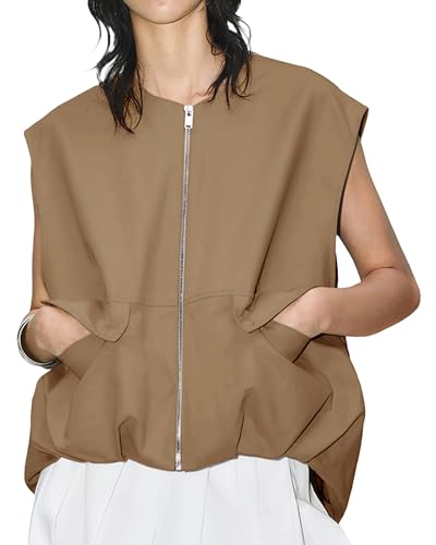 Felcia Damen-Weste mit Reißverschluss, ärmellos, einfarbig, übergroße Jacke, lockere Passform, Sommerweste, camel, 38 von Felcia