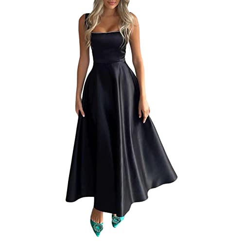 Felcia Frauen Casual A-Linie Kleid Ärmellos Quadratischer Ausschnitt Hohe Taille Langes Kleid Sommer Strand Urlaub Flowy Sommerkleid, A-schwarz, Medium von Felcia