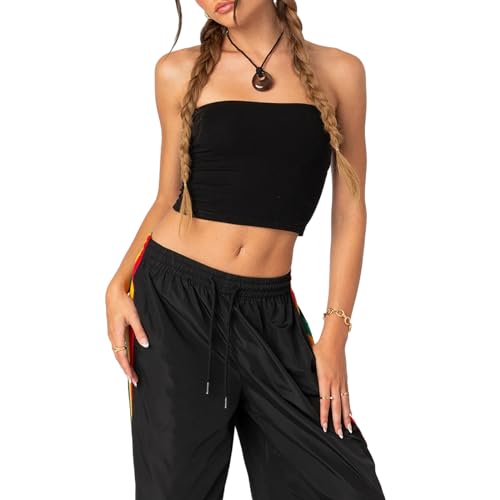 Felcia Trägerloses Bandeau-Top für Damen, Sommer, schulterfrei, rückenfrei, schmale Passform, Y2K, Streetwear, A-schwarz, Small von Felcia