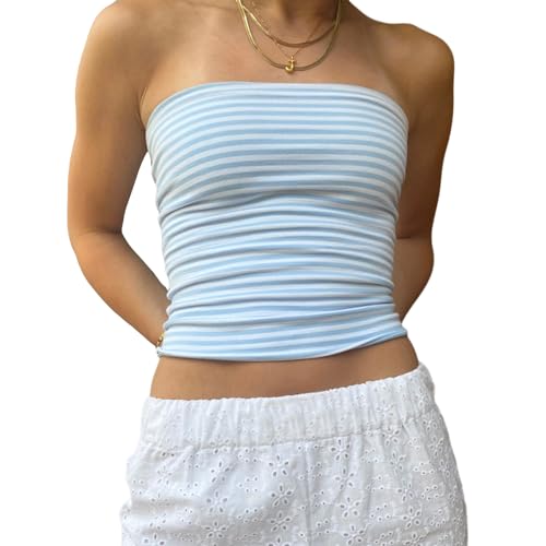 Felcia Trägerloses Bandeau-Top für Damen, Sommer, schulterfrei, rückenfrei, schmale Passform, Y2K, Streetwear, B-Blau, Large von Felcia