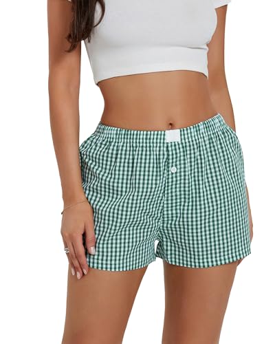 Felcia Y2K Damen-Pyjama-Shorts, niedliches Karomuster, Schlaf-Shorts, elastisch, niedrige Taille, Knopfleiste vorne, Lounge-Shorts, A-grün, S von Felcia