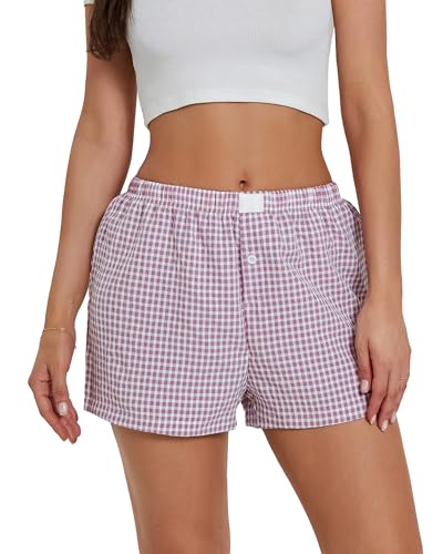 Felcia Y2K Damen-Pyjama-Shorts, niedliches Karomuster, Schlaf-Shorts, elastisch, niedrige Taille, Knopfleiste vorne, Lounge-Shorts, A-purple, XL von Felcia