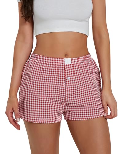 Felcia Y2K Damen-Pyjama-Shorts, niedliches Karomuster, Schlaf-Shorts, elastisch, niedrige Taille, Knopfleiste vorne, Lounge-Shorts, rot (a), L von Felcia