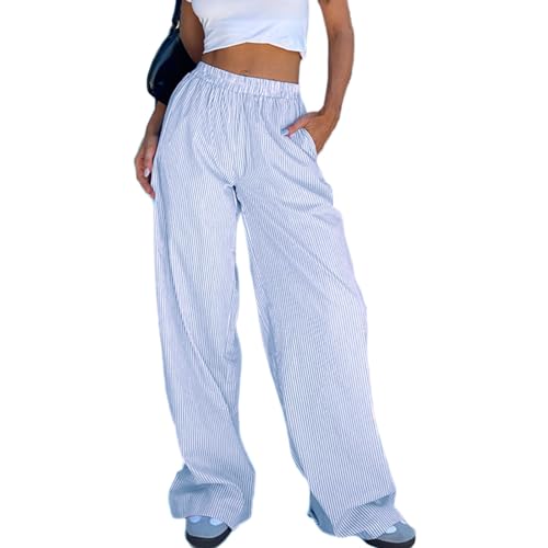 Felcia Y2K Loungehose für Damen, elastische Taille, gestreift, Pyjamahose mit Tasche, lässig, lockere Hose für Streetwear, D-sky blue, L von Felcia