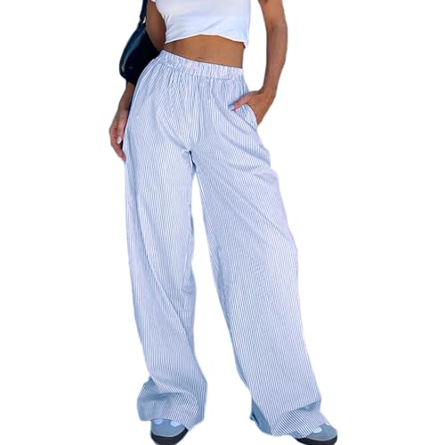 Felcia Y2K Loungehose für Damen, elastische Taille, gestreift, Pyjamahose mit Tasche, lässig, lockere Hose für Streetwear, D-sky blue, XL von Felcia