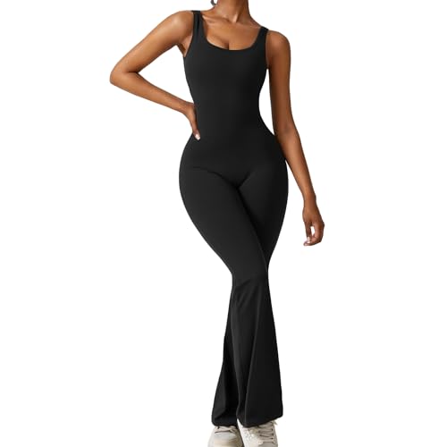 Felcia Yoga-Jumpsuit für Damen, ärmellos, U-Ausschnitt, rückenfrei, Po, Lift, Bodycon, Fitnessstudio, Workout, einteiliger Strampler, B-schwarz, 36 von Felcia