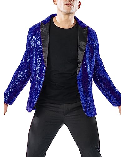 Männer Pailletten Blazer Anzug Revers Glänzende Jacke Blazer Ein-Knopf Smoking für Party Hochzeit Bankett Weihnachten Nachtclub, A-Blau, 52 von Felcia