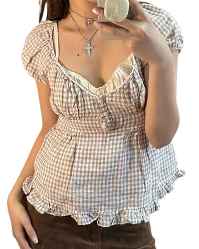 Y2K Damen Crop Top mit Rüschen, kurze Puffärmel, V-Ausschnitt, Spitzenbesatz, Button-Down-T-Shirt, Sommer, Fee, Grunge, Babydoll-Bluse, T-Shirt, Braunes Karomuster D, S Y2K Damen Crop Top mit Rüschen, kurze Puffärmel, V-Ausschnitt, Spitzenbesatz, Button-Down-T-Shirt, Sommer, Fee, Grunge, Babydoll-Bluse, T-Shirt, Braunes Karomuster D, S von Felcia