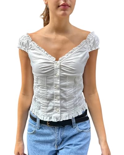 Y2K Damen Crop Top mit Rüschen, kurze Puffärmel, V-Ausschnitt, Spitzenbesatz, Button-Down-T-Shirt, Sommer, Fee, Grunge, Babydoll-Bluse, T-Shirt, Elfenbeinfarben E, S Y2K Damen Crop Top mit Rüschen, kurze Puffärmel, V-Ausschnitt, Spitzenbesatz, Button-Down-T-Shirt, Sommer, Fee, Grunge, Babydoll-Bluse, T-Shirt, Elfenbeinfarben E, S von Felcia