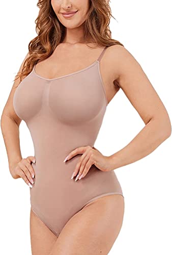 Feluog BodySuit Shapewear Damen Nahtlos Bildhauerung Body Shaper Bauchkontrolle Verstellbarer Schultergurt, Beige L von Feluog