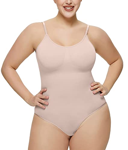 Feluog Tanga BodySuit Shapewear Damen Nahtlos Bildhauerung Body Shaper Bauchkontrolle Verstellbarer Schultergurt, Beige XL von Feluog