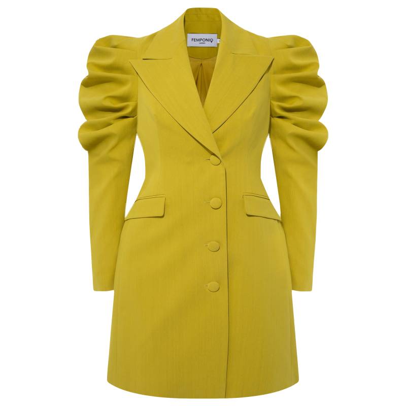 Draped Sleeved Tailored Blazer Dress (Lime Yellow) von Femponiq
