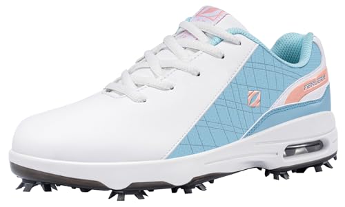 Fenlern Damen Golfschuhe Anti-Rutsch-Leichte Outdoor Golfschuh mit Spikes für Frauen Golf Training(Hellblau und Rosa, 37) von Fenlern