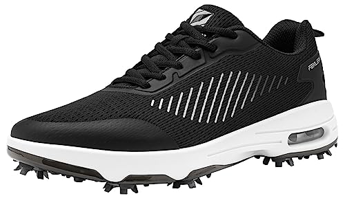 Fenlern Herren Golfschuhe Mesh Atmungsaktive Leichte Golf Sport Luftgepolsterte Schuhe Mit 9 Golf Spikes (Schwarz-Weiß, 41) von Fenlern