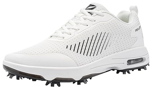 Fenlern Herren Golfschuhe Mesh Atmungsaktive Leichte Golf Sport Luftgepolsterte Schuhe Mit 9 Golf Spikes (Weiß, 44) von Fenlern