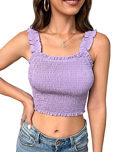 Fessceruna Damen Gesmoktes Tank Tops Sommer Rüschenbesatz Ärmellose Slim Crop Tops von Fessceruna