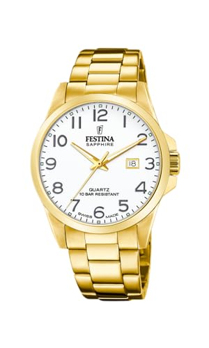 Festina Herrenuhr F20044/1 Swiss Made Uhrengehäuse aus Edelstahl 316L, goldfarben, weiß von Festina