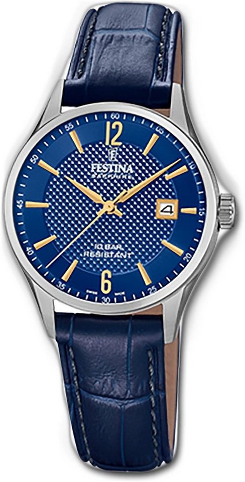 Festina Quarzuhr Festina Leder Damen Uhr, (Analoguhr), Damenuhr Lederarmband blau, rund, klein (ca. 29mm) von Festina