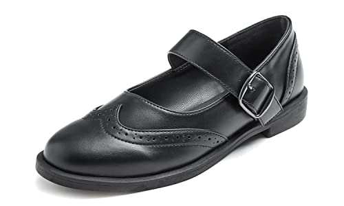 FEVERSOLE Damen-Kleid, bequem, niedriger Absatz, Büro, Penny-Loafer, flach, Brogue Welt Mary Jane schwarz veganes Leder, 40.5 EU von Feversole