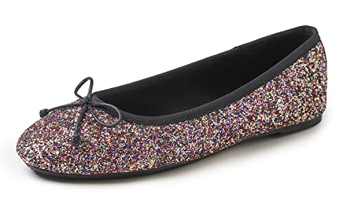 Feversole Damen Klassische Ballerinas Profilsohle Glänzende Ballerina Flach Multi Schwarz Größe 41 EU von Feversole