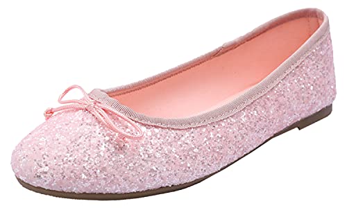 Feversole Round Glitter Ballerina, Damen Klassische Ballerinas Profilsohle Glänzende Ballerina Flach Glänzende Baby Rosa 41 von Feversole