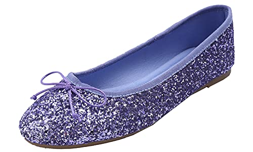 Feversole Round Glitter Ballerina, Damen Klassische Ballerinas Profilsohle Glänzende Ballerina Flach Glänzende Lavendel 40 von Feversole