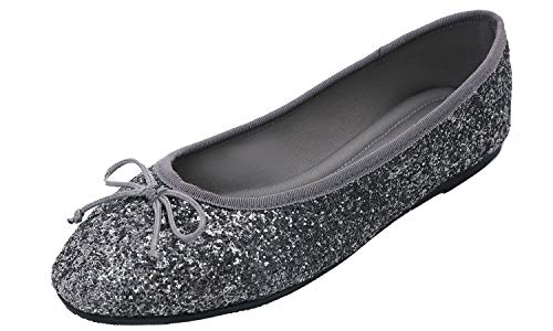 Feversole Round Glitter Ballerina, Damen Klassische Ballerinas Profilsohle Glänzende Ballerina Flach Glänzende Metallisch 37 von Feversole